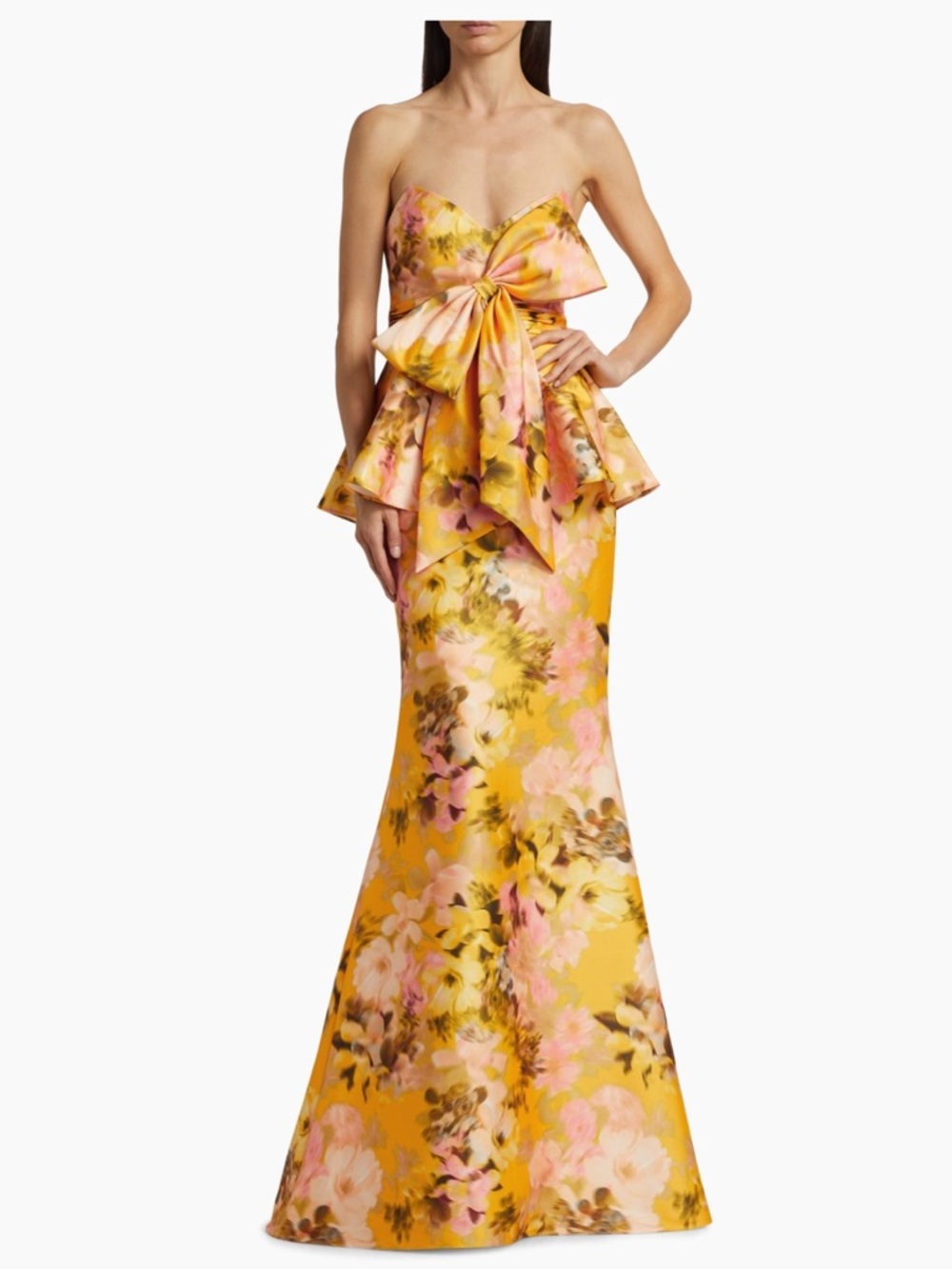 Badgley Mischka Yellow Floral Strapless Gown with Front Bow
